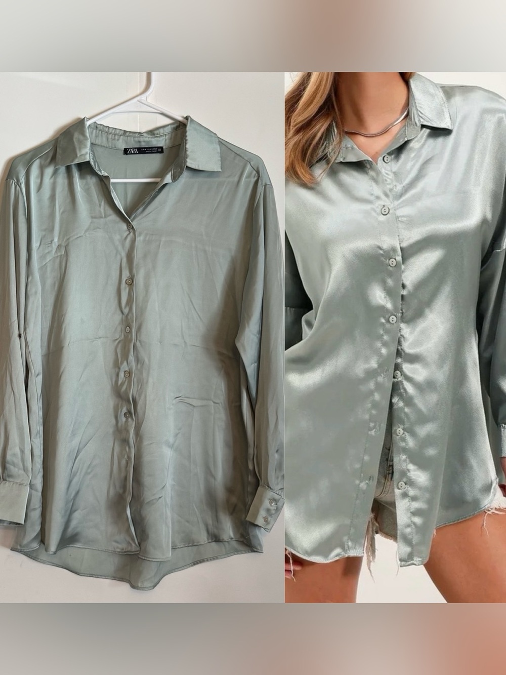 Zara women Light green Satin Button-Up Shirt Jacket